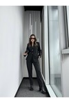 Kadın Düğme Detaylı Çizgili Mevsimlik Pantolon Ceket Takım Siyah