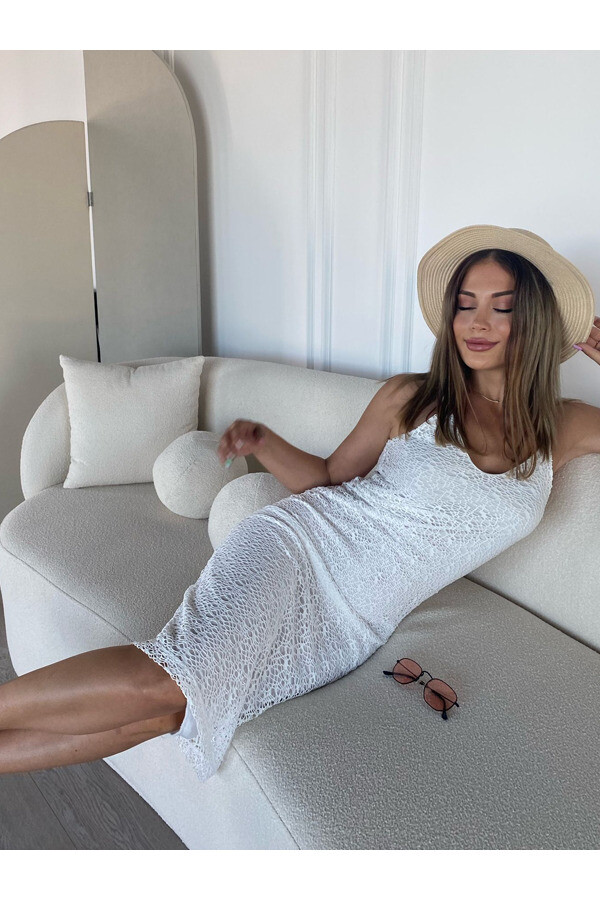 Kadın Astarlı Güpür Dantel Askılı Elbise Beyaz