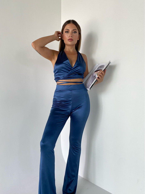 Kadın Bağlamalı Detay Bluz Saten Viskon Kumaş Takım Mavi