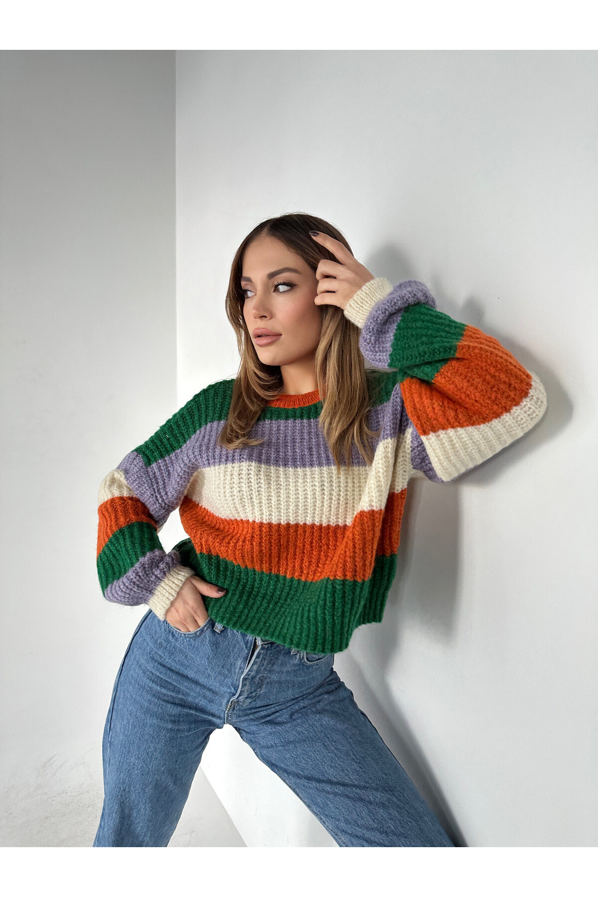 Kadın Bisiklet Yaka Çizgili Triko Kazak  Renkli