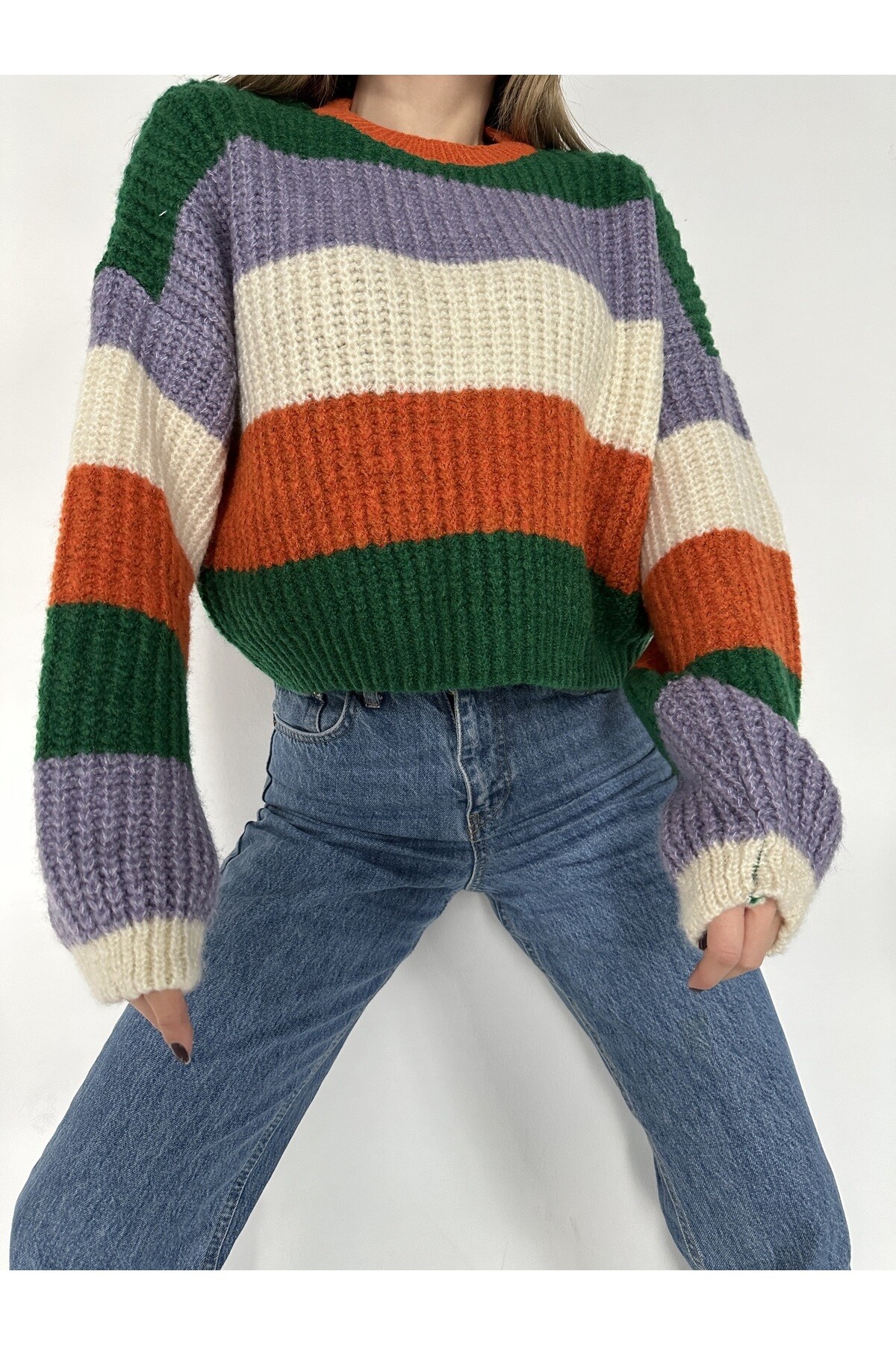 Kadın Bisiklet Yaka Çizgili Triko Kazak  Renkli