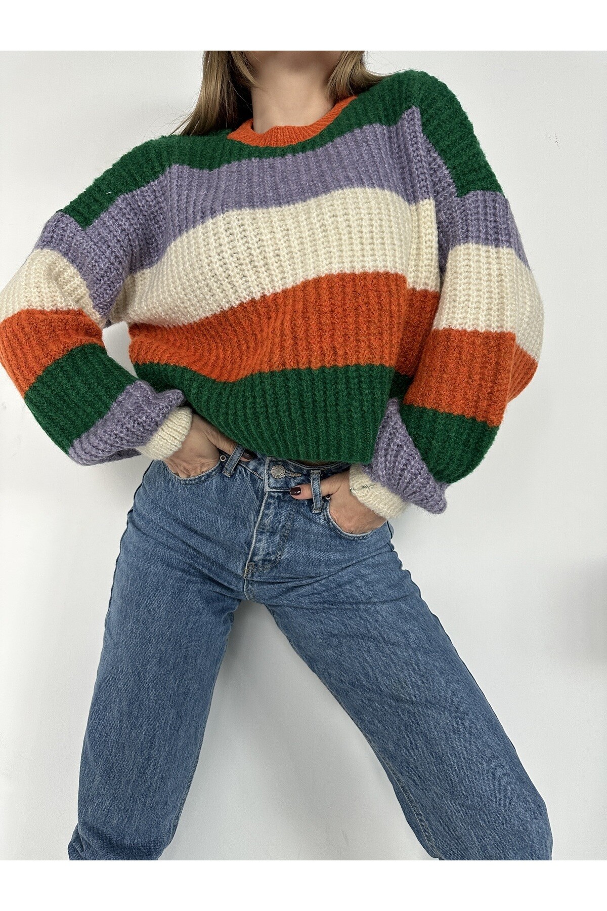 Kadın Bisiklet Yaka Çizgili Triko Kazak  Renkli