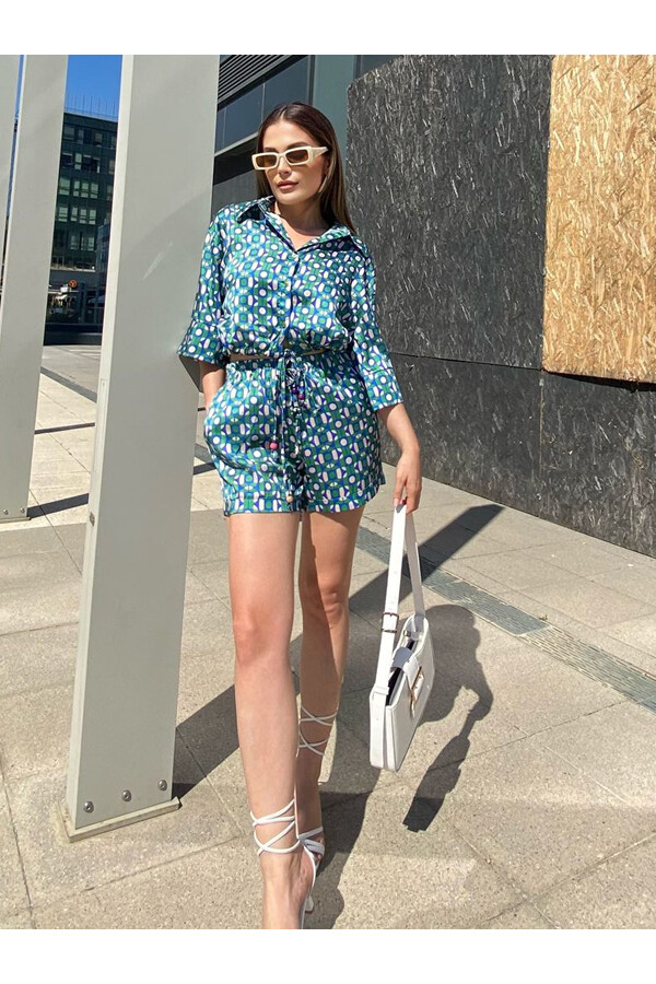 Kadın Desenli İpek Saten Alt-Üst Şort Takım