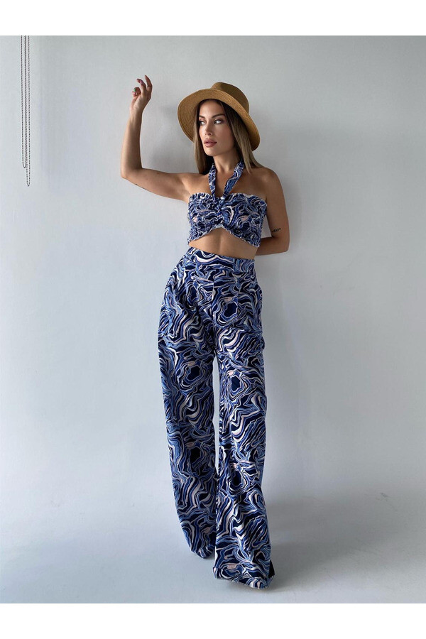 Kadın Desenli Palazzo Pantolon Büstiyer Takım 
