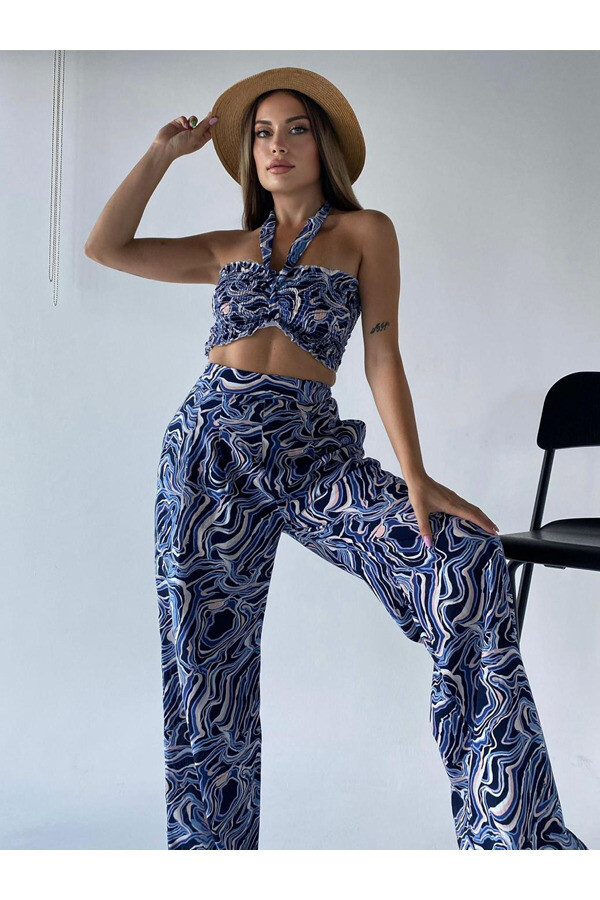 Kadın Desenli Palazzo Pantolon Büstiyer Takım 