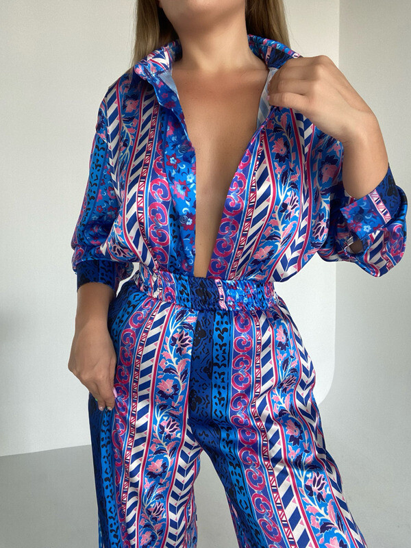 Kadın Desenli Yüksek Bel Pantolon Gömlek Takım 