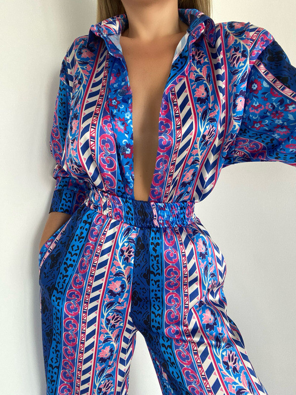 Kadın Desenli Yüksek Bel Pantolon Gömlek Takım 