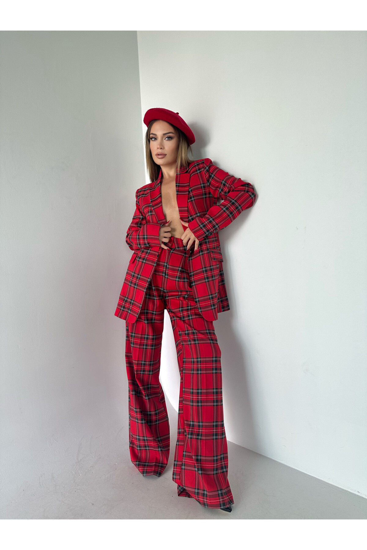 Kadın Ekose Desen Astarlı Blazer Ceket Takım Kırmızı