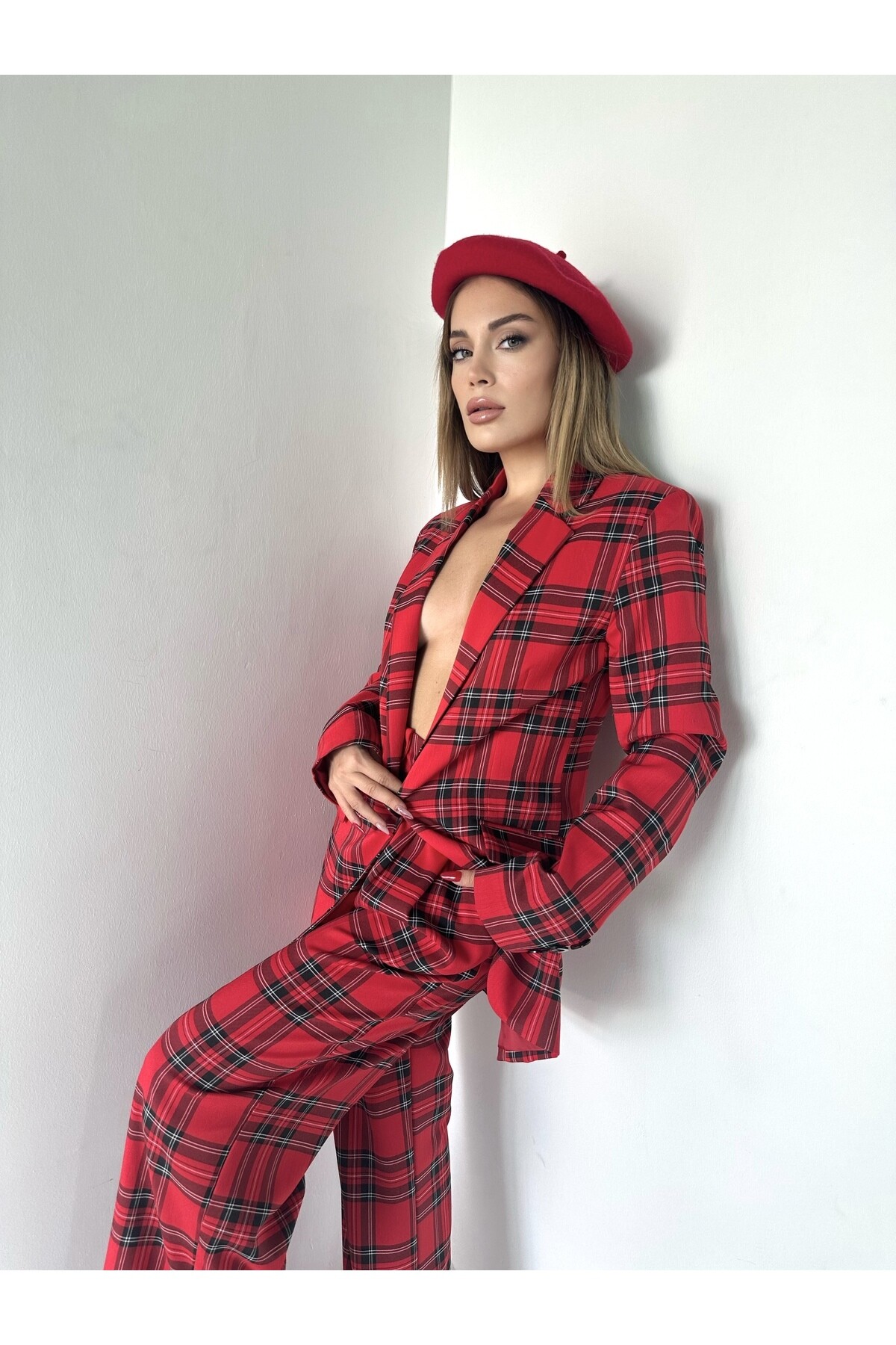 Kadın Ekose Desen Astarlı Blazer Ceket Takım Kırmızı