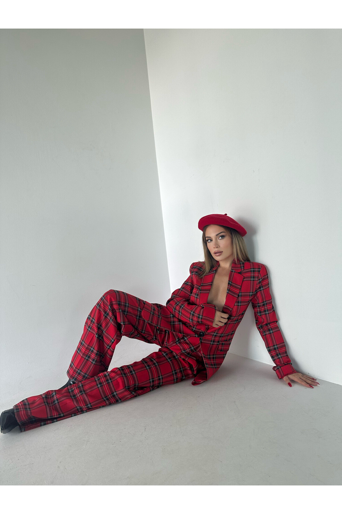 Kadın Ekose Desen Astarlı Blazer Ceket Takım Kırmızı