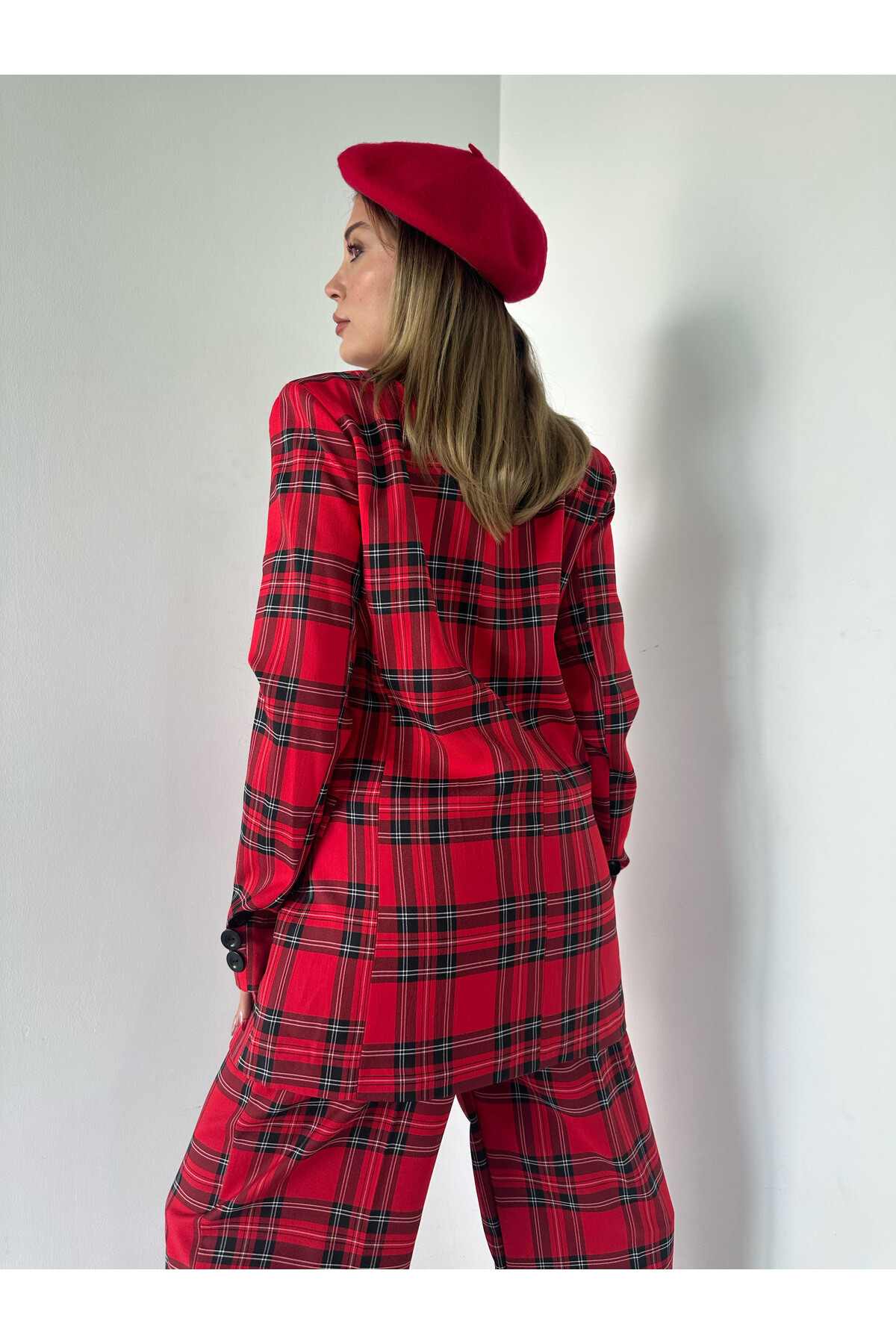 Kadın Ekose Desen Astarlı Blazer Ceket Takım Kırmızı