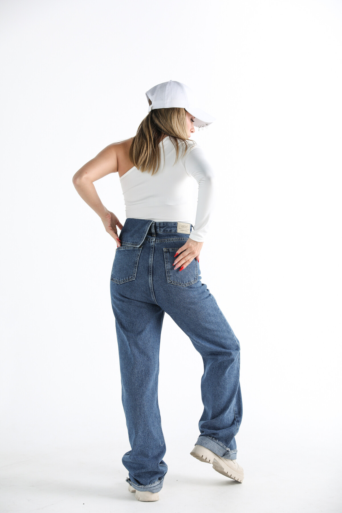 Kadın Ekstra Yüksek Bel Düğmeli Yandan Katlamalı Jean  Mavi