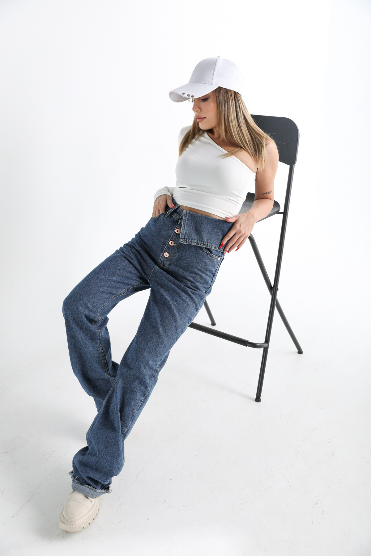 Kadın Ekstra Yüksek Bel Düğmeli Yandan Katlamalı Jean  Mavi