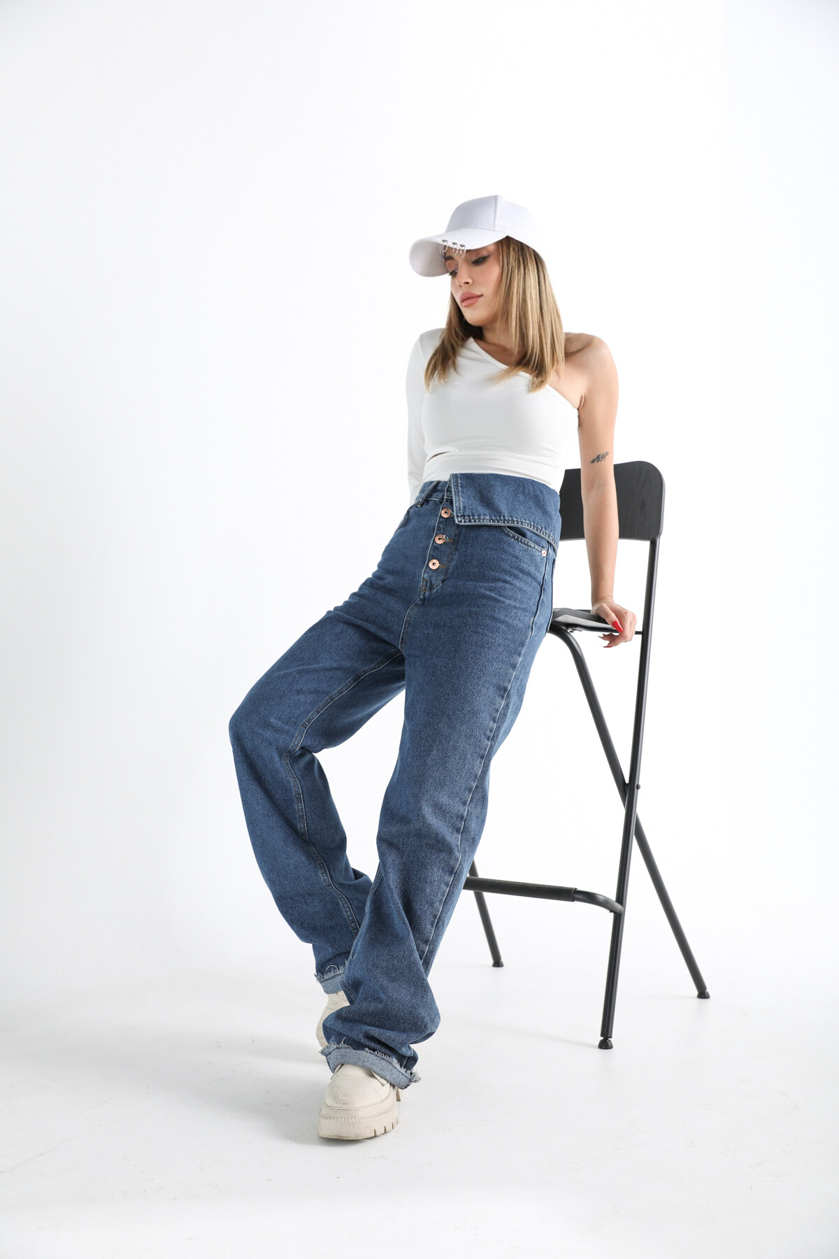 Kadın Ekstra Yüksek Bel Düğmeli Yandan Katlamalı Jean  Mavi