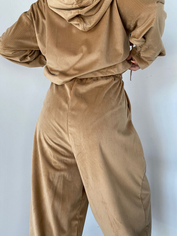 Kadın Fitilli Cepli Lastikli Yüksek Bel Kapüşonlu Takım Camel