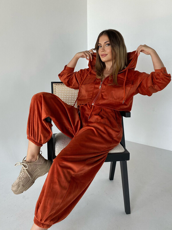 Kadın Fitilli Cepli Lastikli Yüksek Bel Kapüşonlu Takım Kiremit