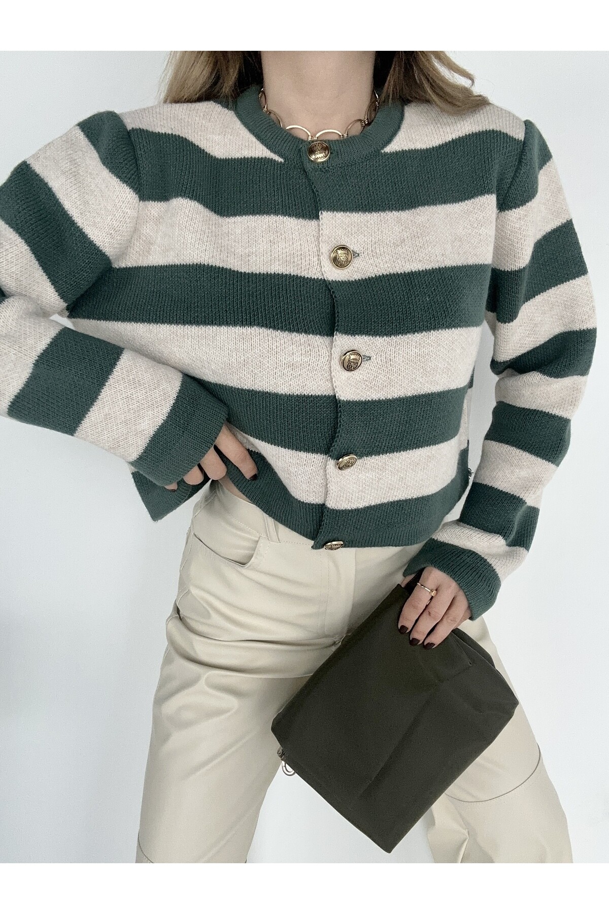 Kadın Gold Düğme Detay Çizgili Triko Hırka