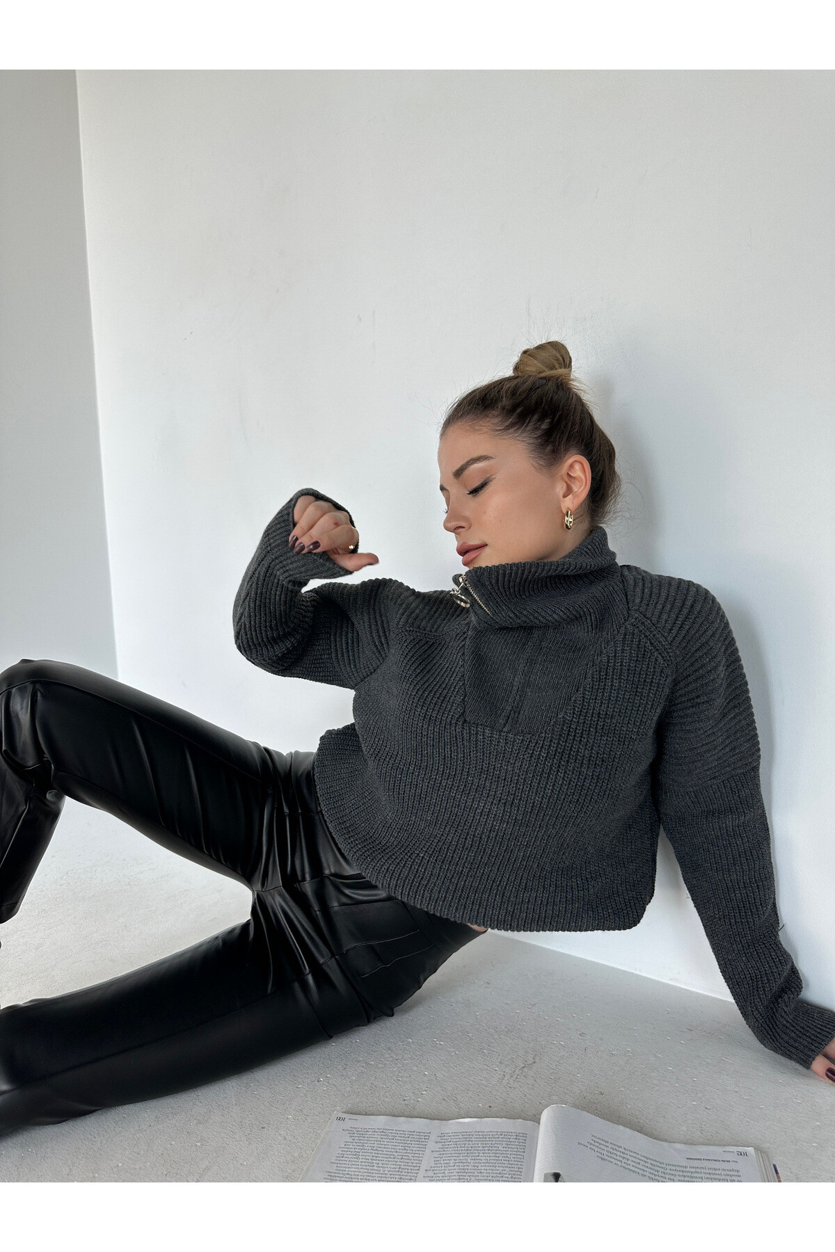 Kadın Gri Selanik Fermuarlı Kazak