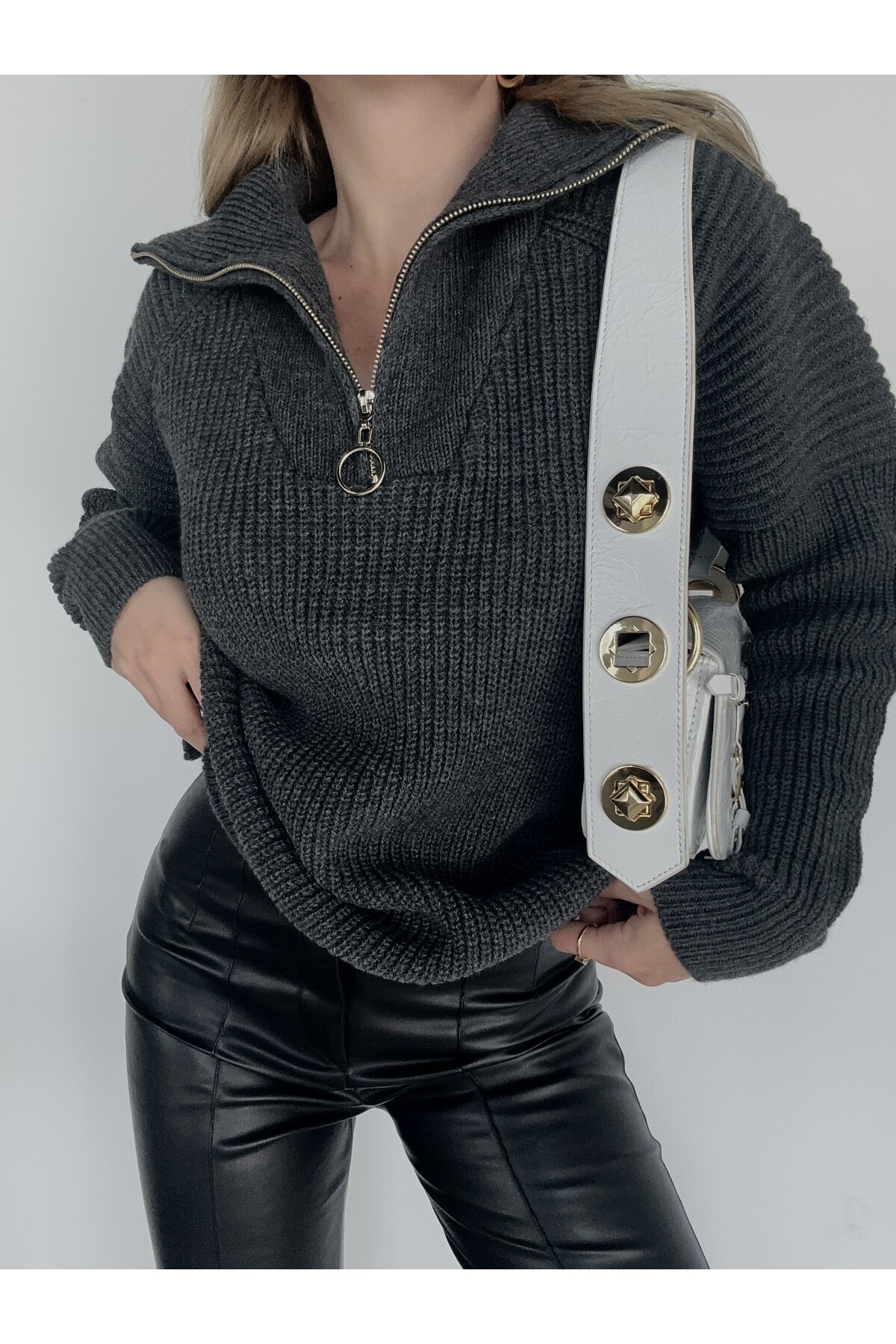 Kadın Gri Selanik Fermuarlı Kazak