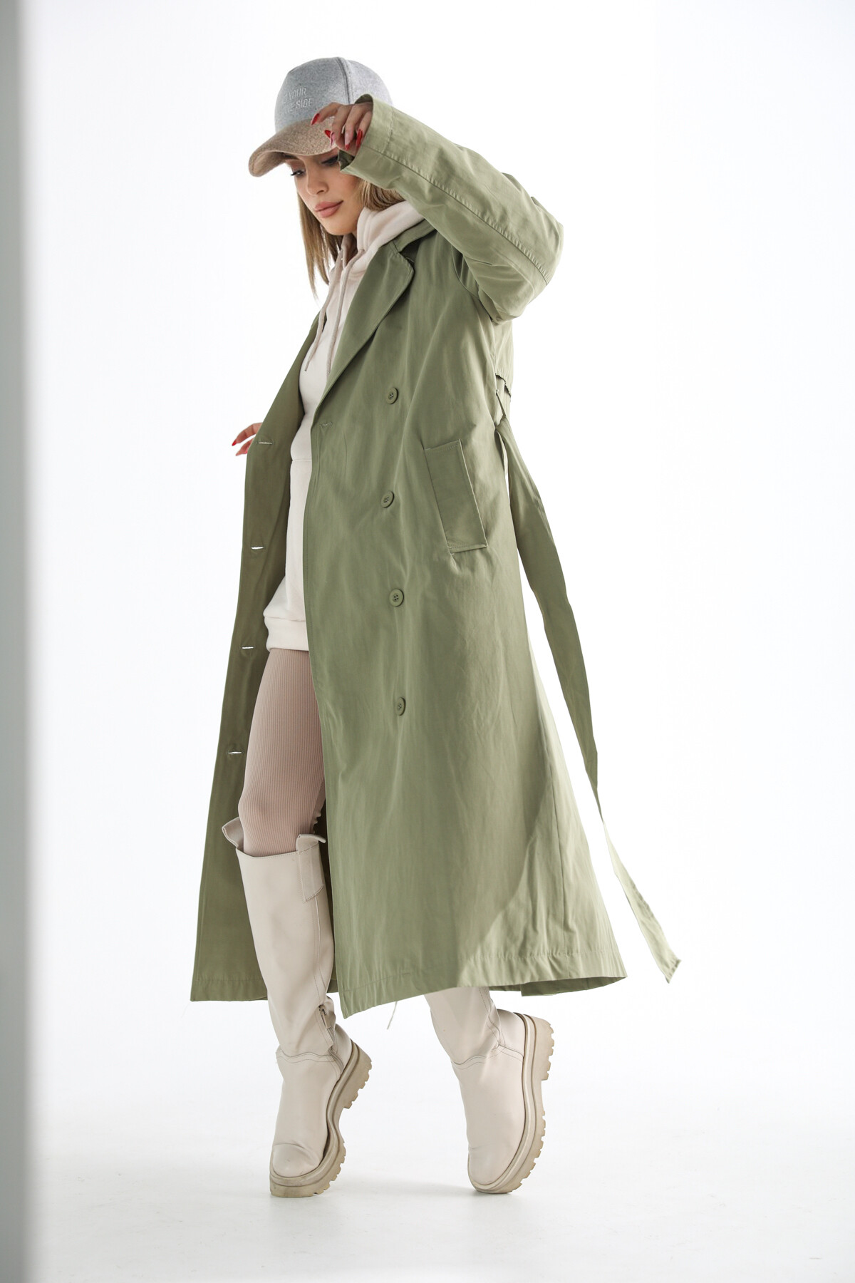 Kadın Haki Yeşil Kuşaklı İçi Astarlı Cepli Trençkot Haki