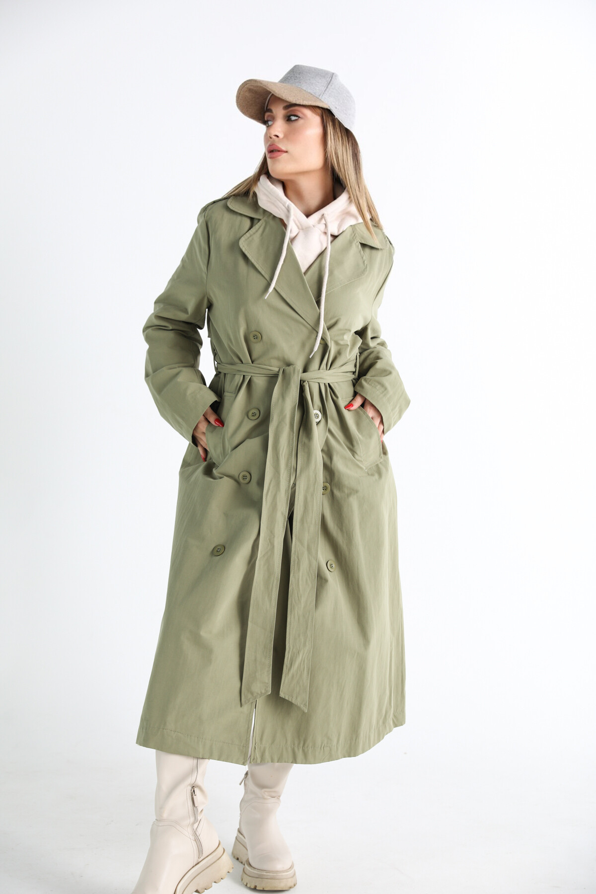 Kadın Haki Yeşil Kuşaklı İçi Astarlı Cepli Trençkot Haki
