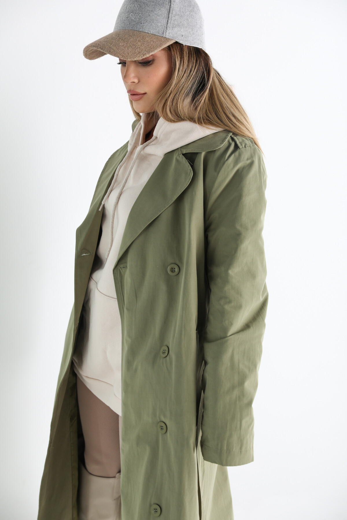 Kadın Haki Yeşil Kuşaklı İçi Astarlı Cepli Trençkot Haki
