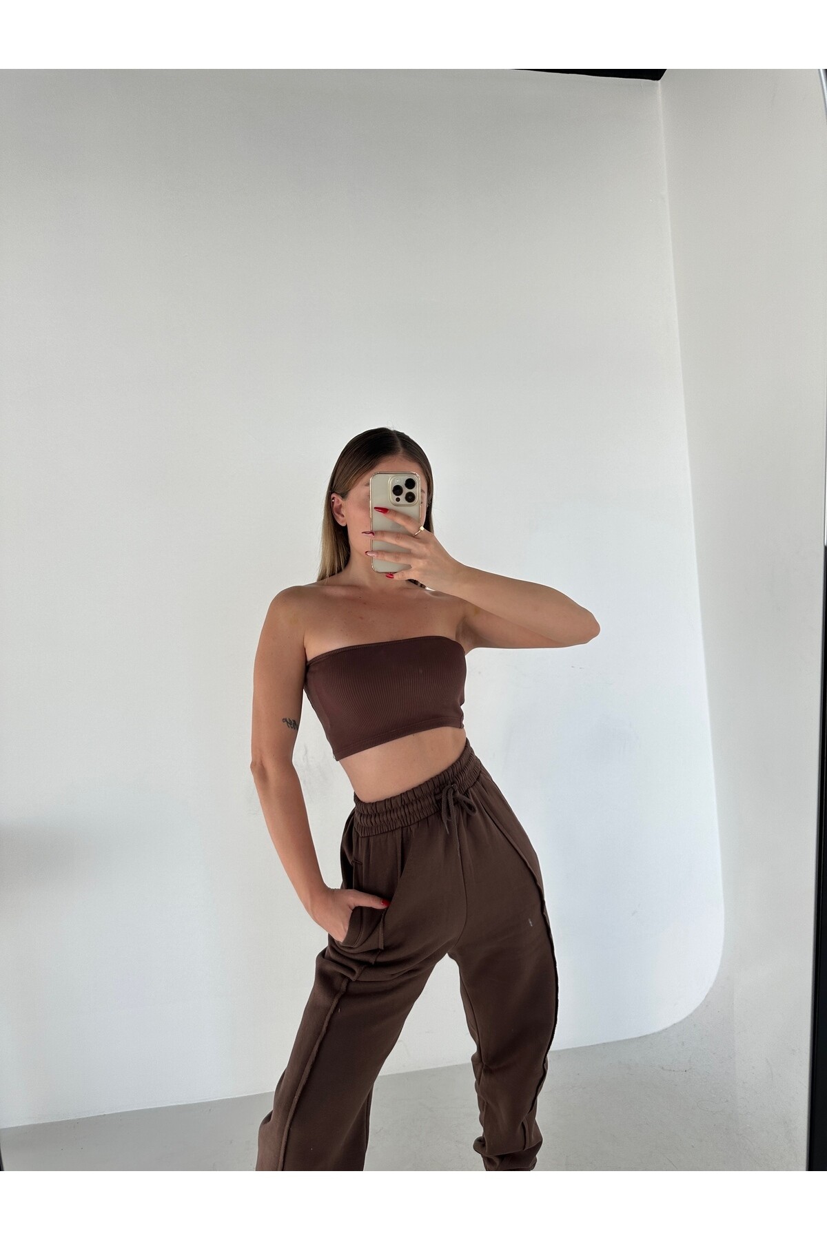Kadın Kahverengi 3 İplik Şardonlu Yüksek Bel Lastikli Eşofman Altı  Kahverengi