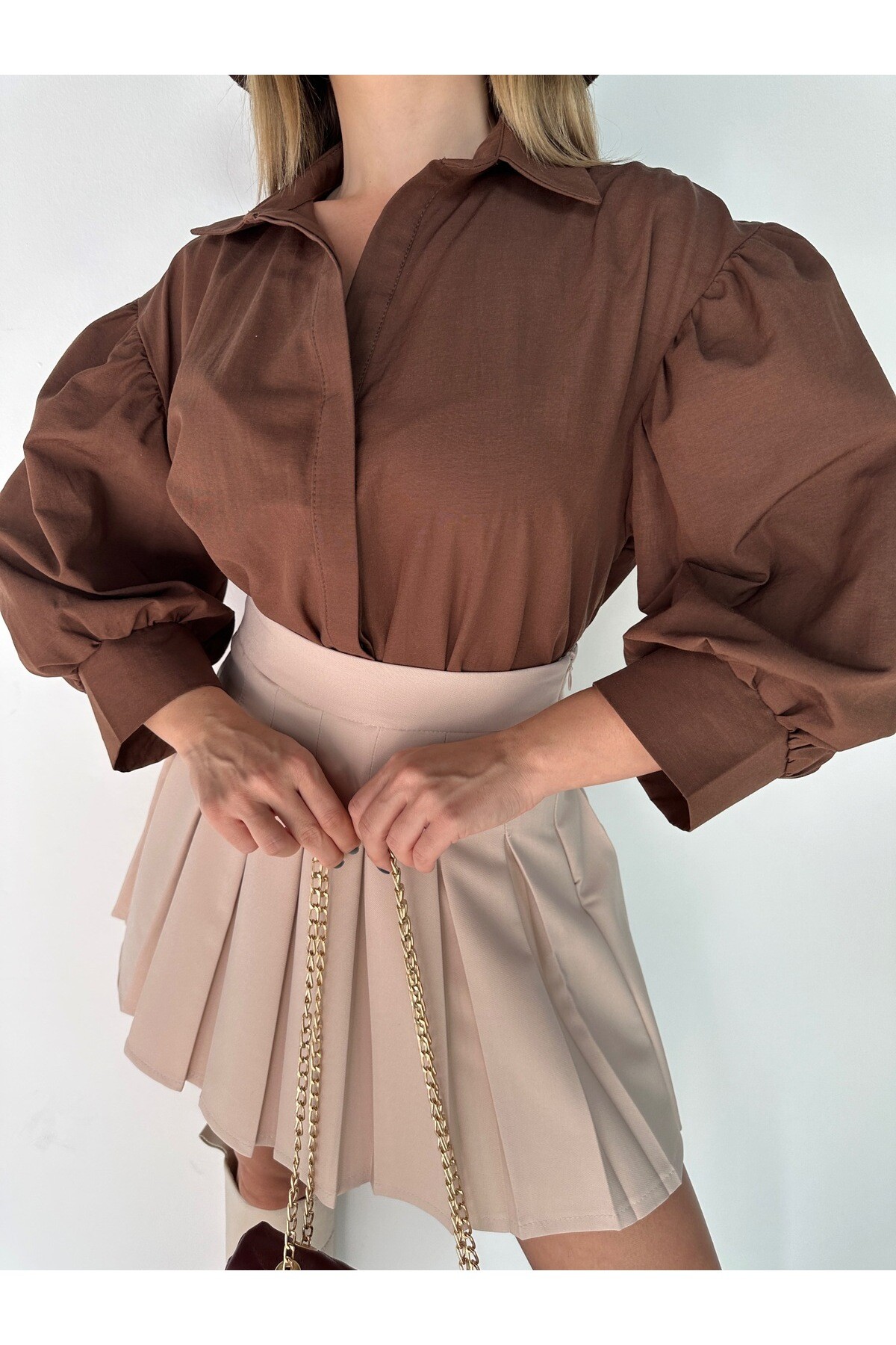 Kadın Kahverengi Balon Kol %100 Cotton Poplin Gömlek