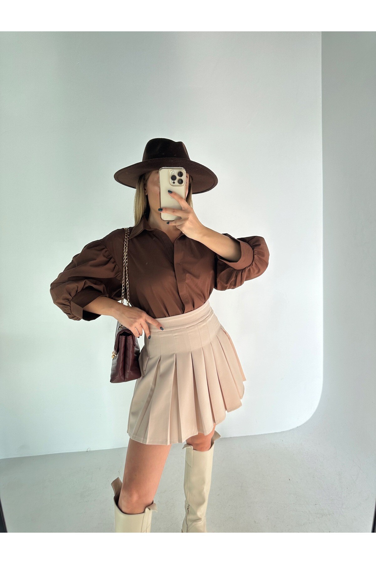 Kadın Kahverengi Balon Kol %100 Cotton Poplin Gömlek