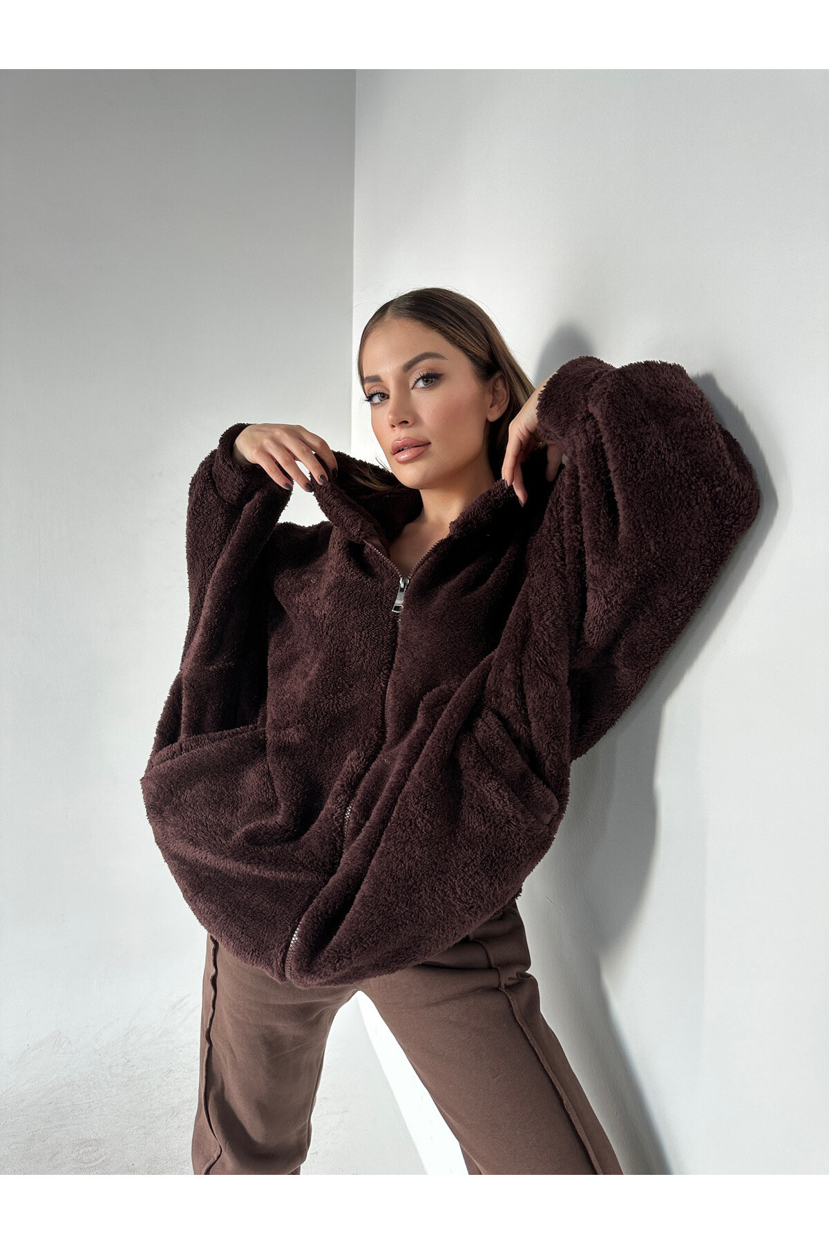 Kadın Kahverengi Yarasa Kol Overize Teddy Peluş Kapüşonlu Sweat Açık Kahve