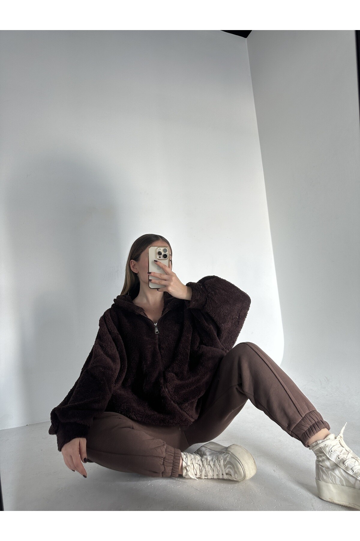 Kadın Kahverengi Yarasa Kol Overize Teddy Peluş Kapüşonlu Sweat Açık Kahve