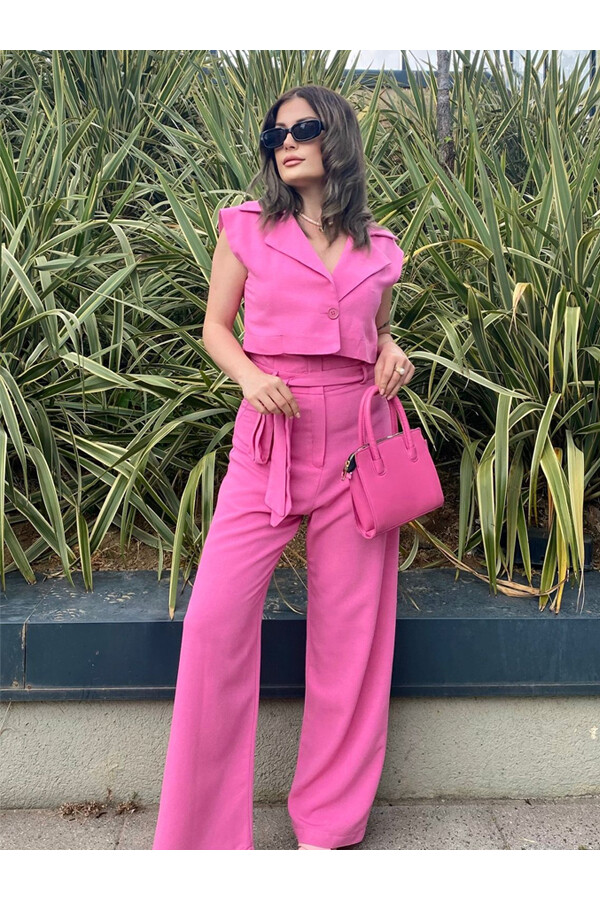 Kadın Keten Blazer Yelek Tulum Pembe