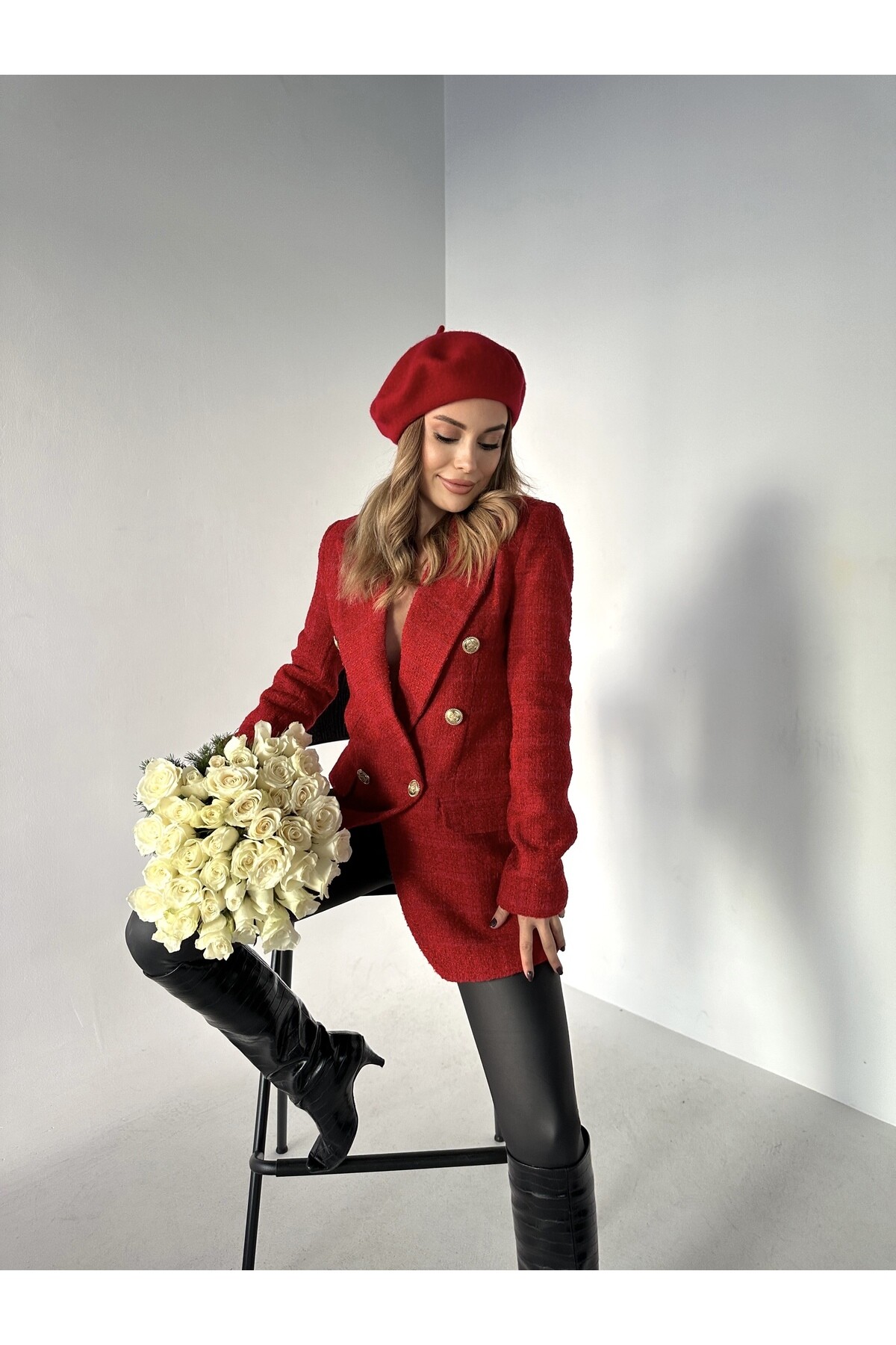 Kadın Kırmızı Gold Düğme Detaylı Astarlı Tüvit Blazer Ceket  Kırmızı