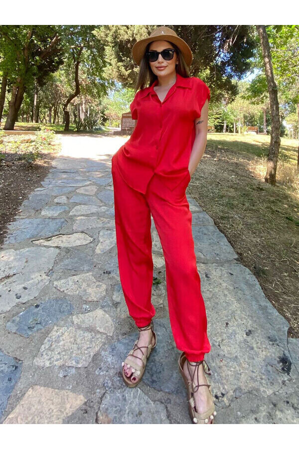 Kadın Kırmızı İpek Saten Kumaş Gömlek Alt-Üst Takım