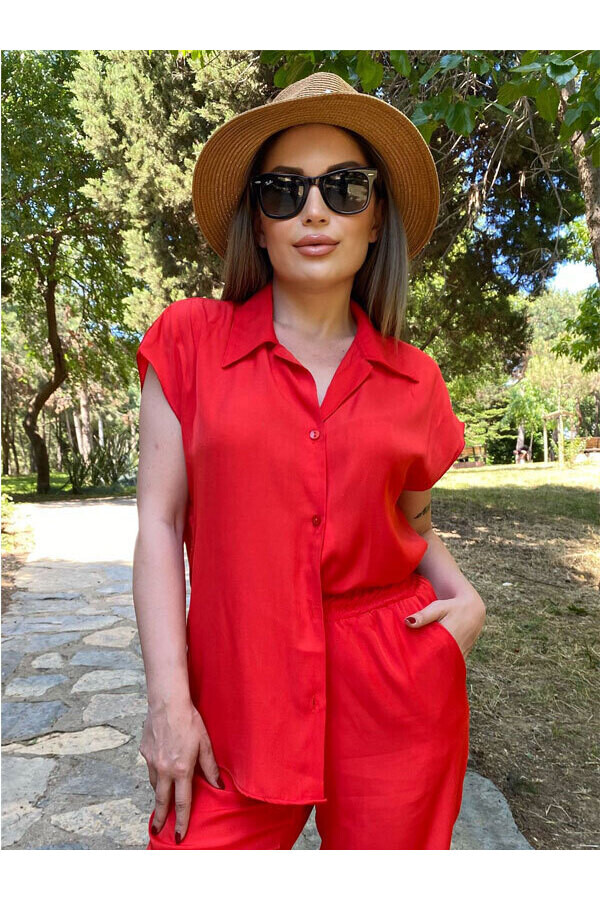 Kadın Kırmızı İpek Saten Kumaş Gömlek Alt-Üst Takım