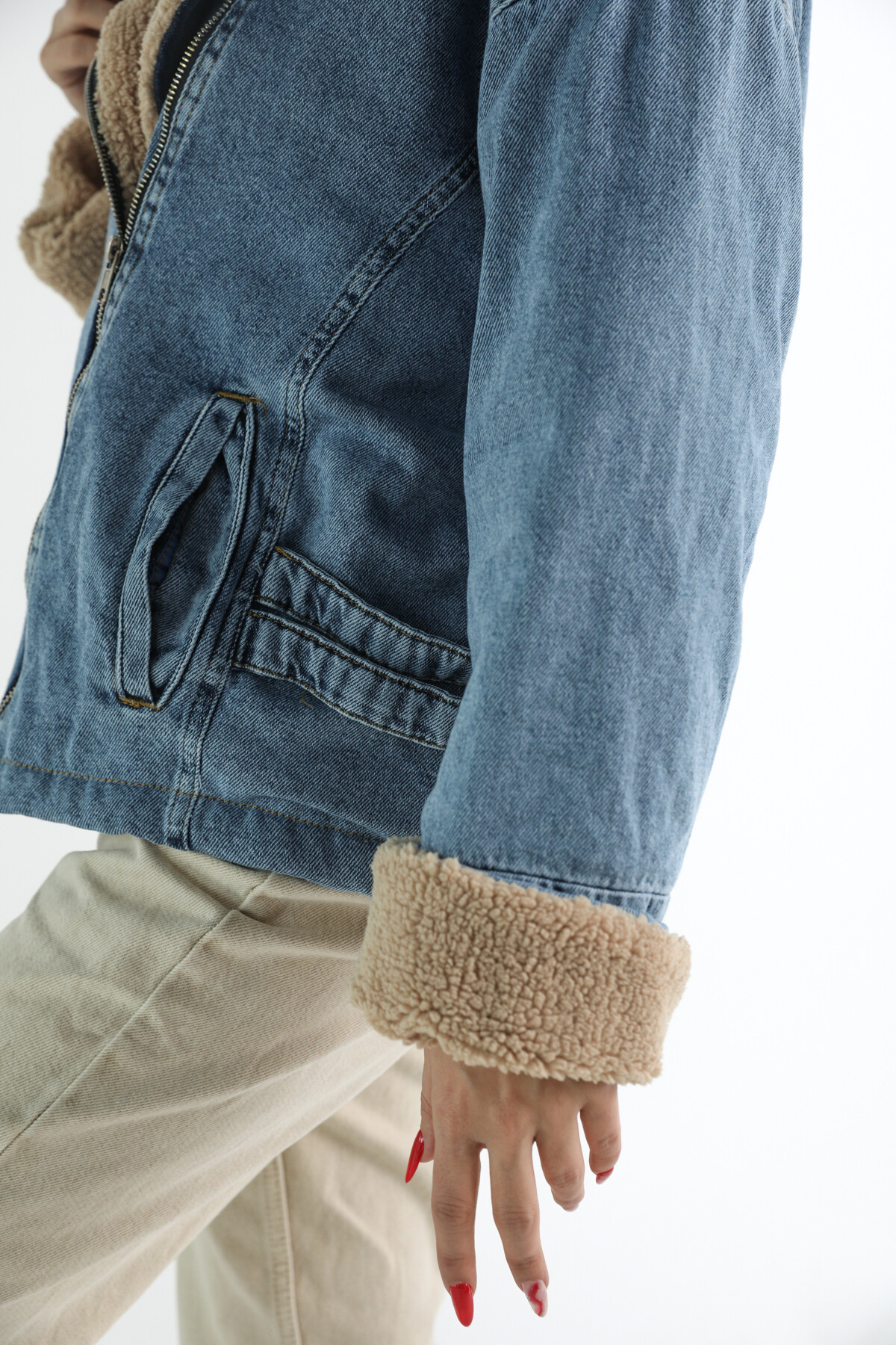 Kadın Mavi Kahve Peluşlu Denim Mont  Mavi