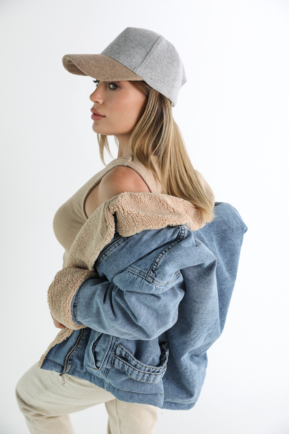 Kadın Mavi Kahve Peluşlu Denim Mont  Mavi