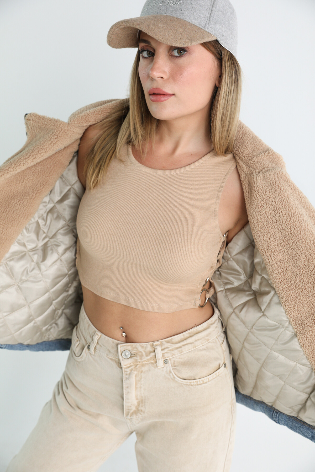 Kadın Mavi Kahve Peluşlu Denim Mont  Mavi