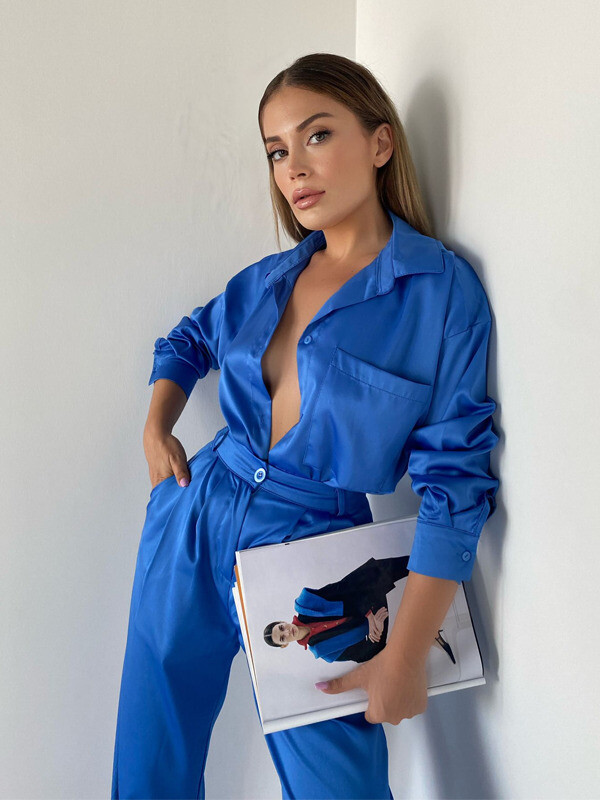 Kadın Mavi Yüksek Bel Pantolon Gömlek Takım 