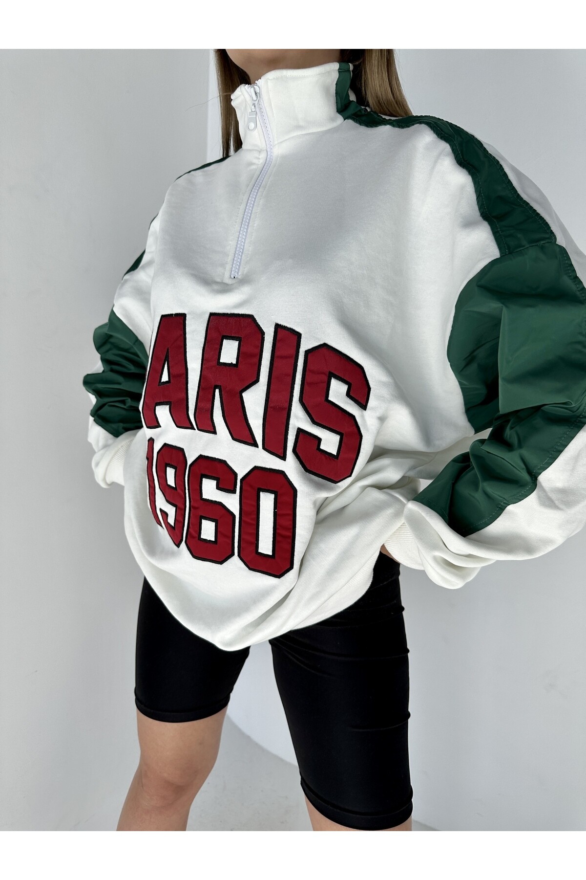 Kadın Nakışlı Blok Renkli Fermuarlı Sweatshirt  Renkli