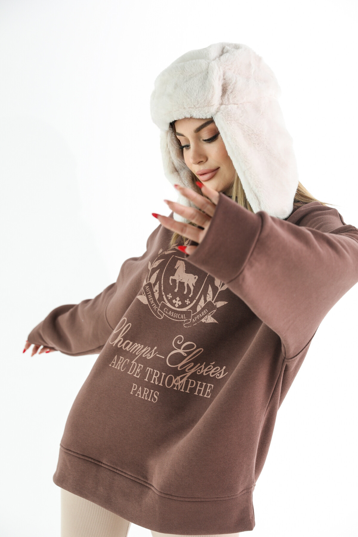 Kadın Oversize 3 İplik Şardonlu Beli Lastikli Bisiklet Yaka Sweatshirt Vizon