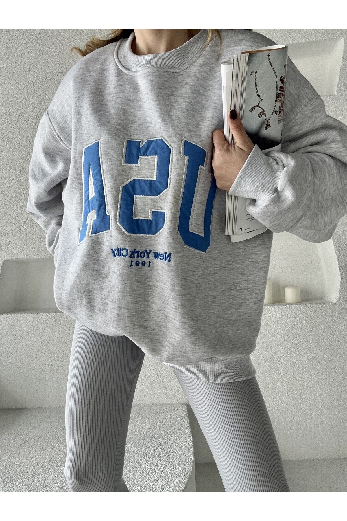 Kadın Oversize 3 İplik Şardonlu Sweatshirt  Gri