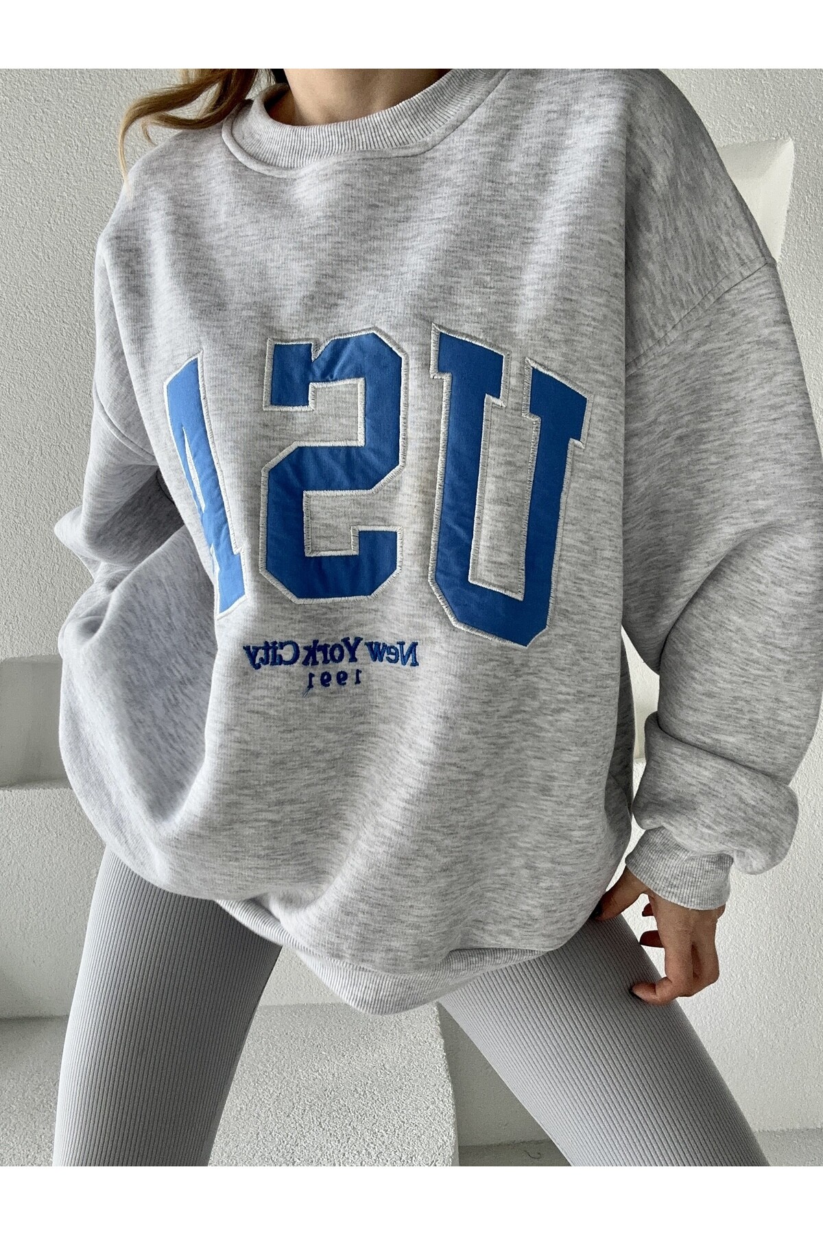 Kadın Oversize 3 İplik Şardonlu Sweatshirt  Gri