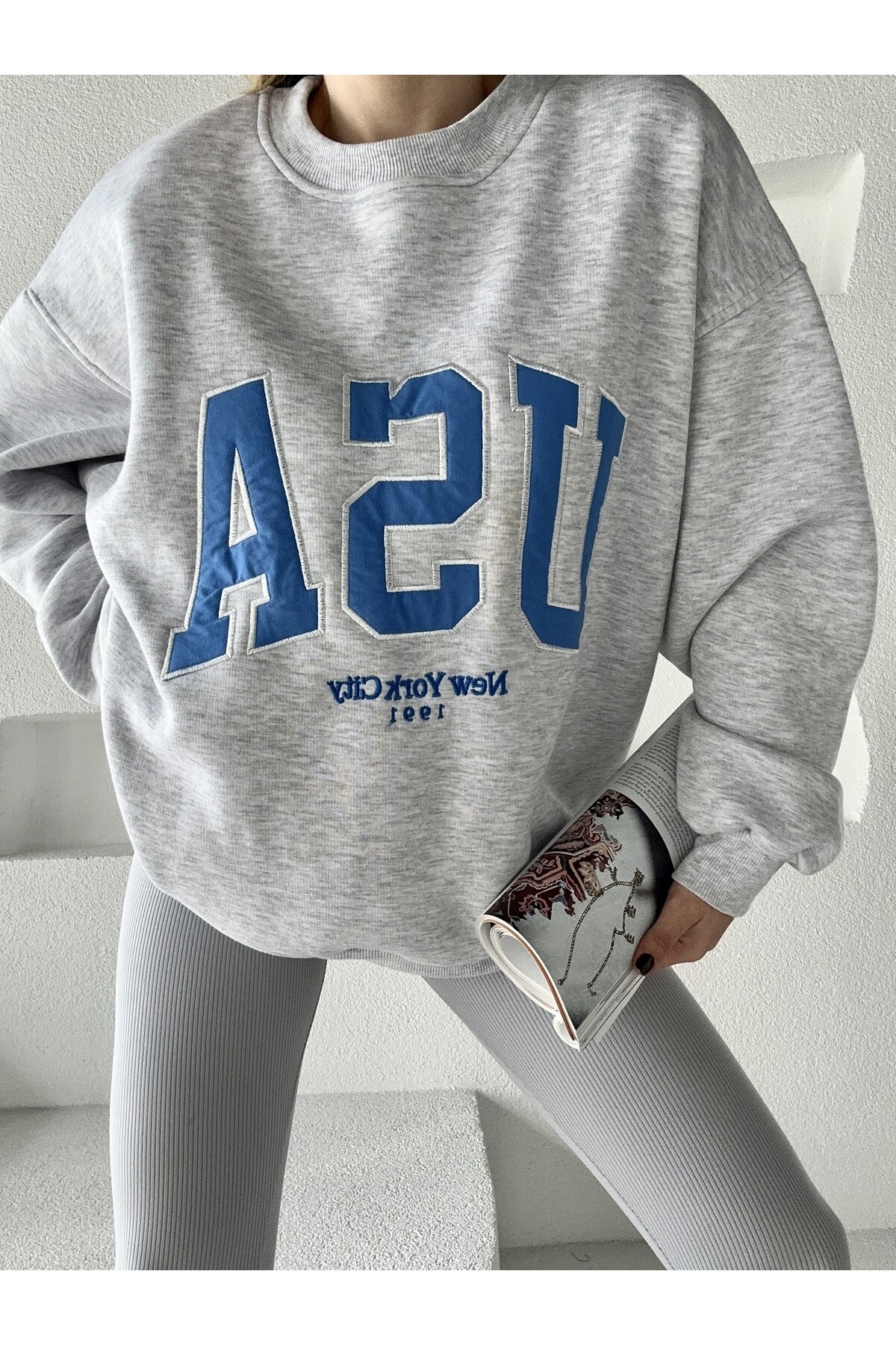 Kadın Oversize 3 İplik Şardonlu Sweatshirt  Gri