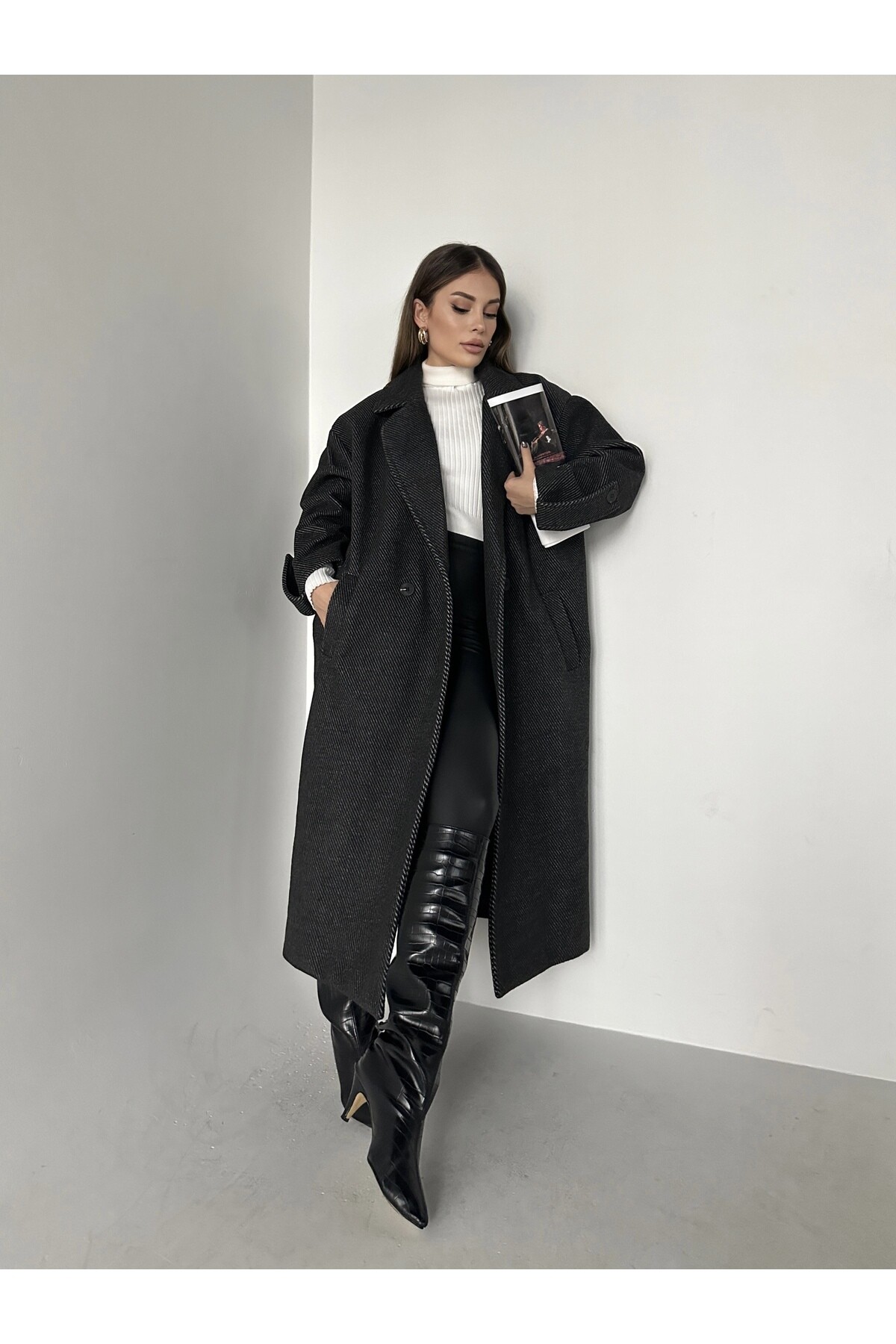 Kadın Oversize Astarlı Düğmeli Kaşe Kaban  Gri