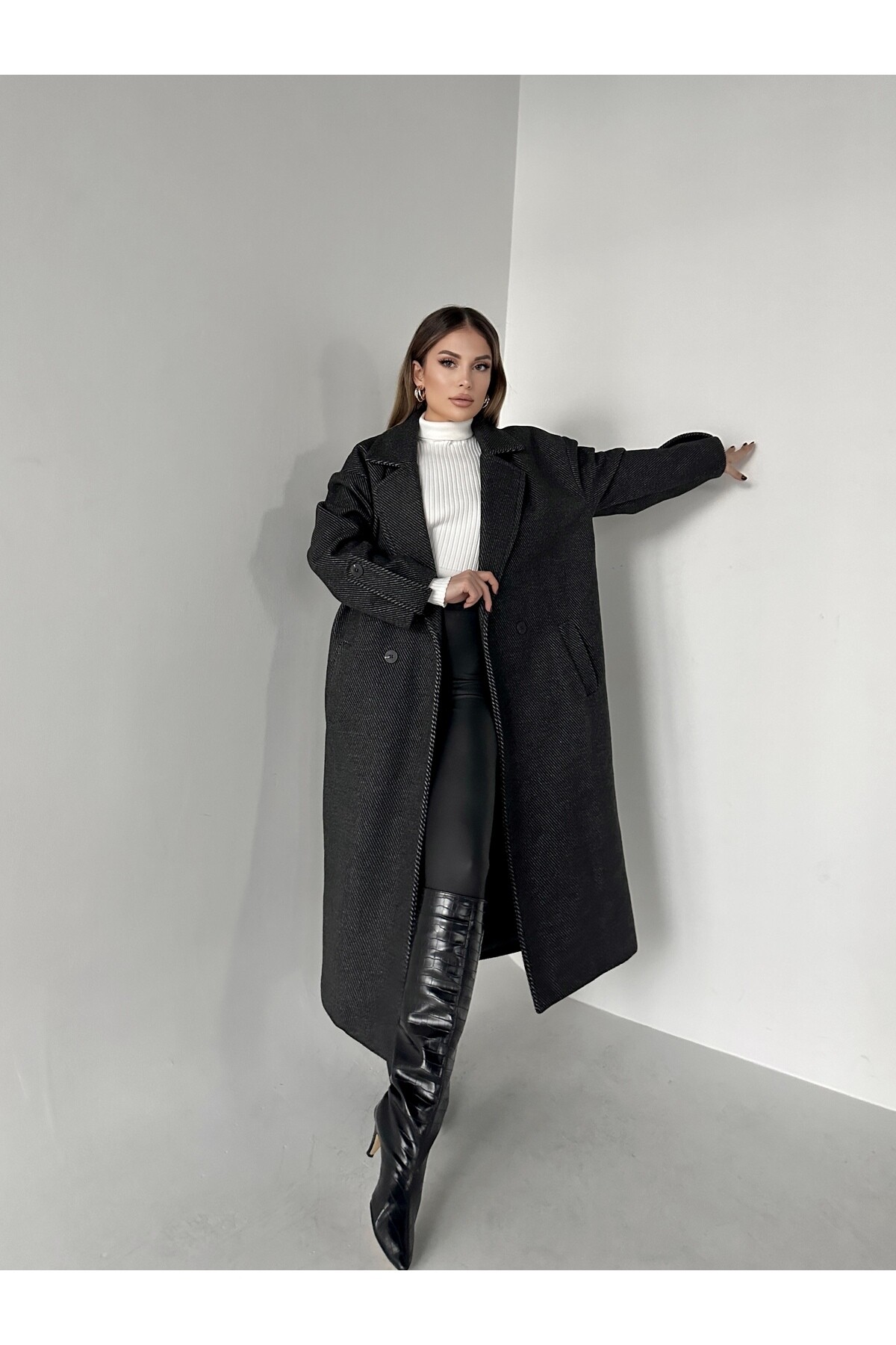 Kadın Oversize Astarlı Düğmeli Kaşe Kaban  Gri