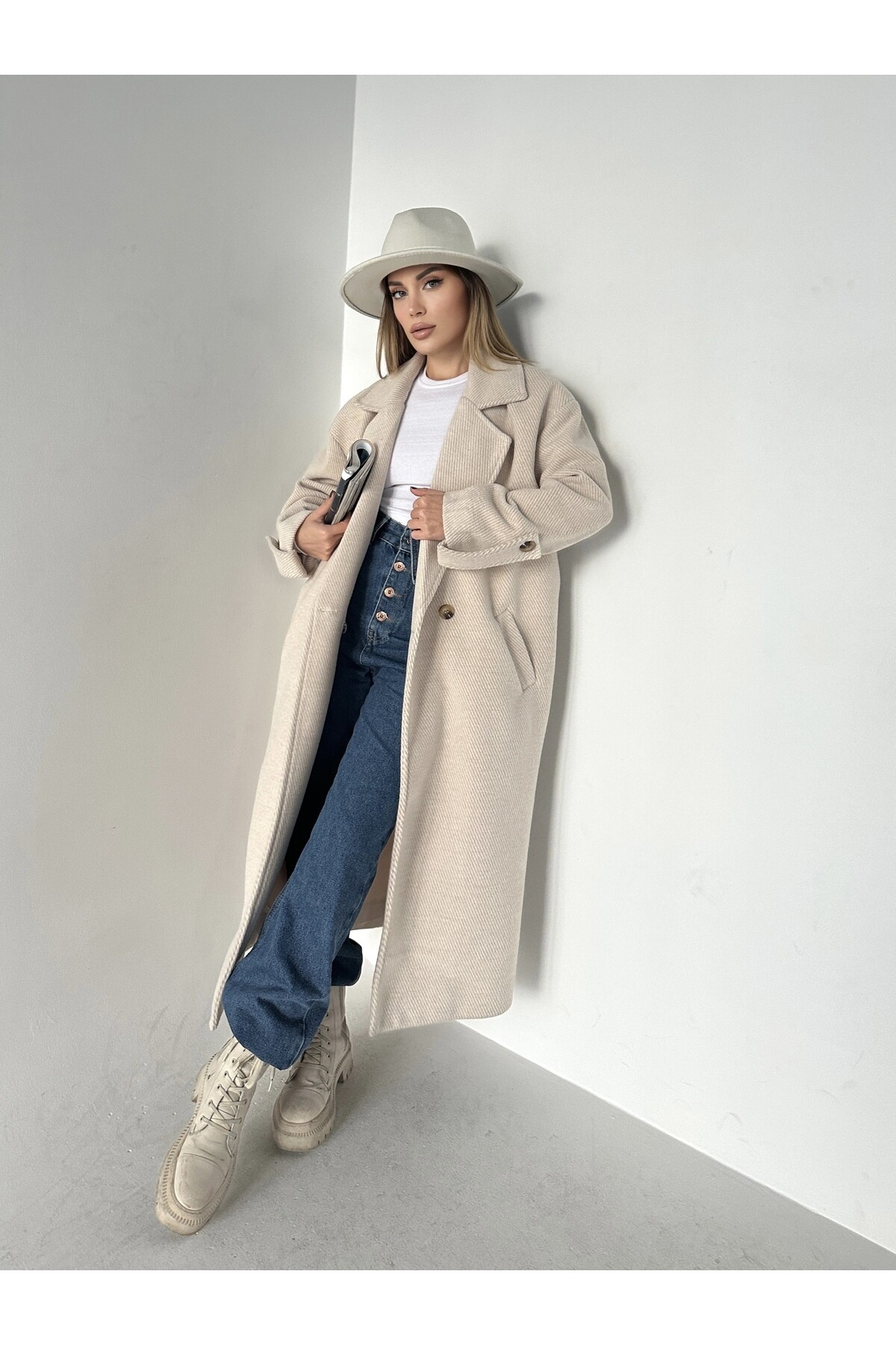 Kadın Oversize Astarlı Düğmeli Kaşe Kaban  Taş