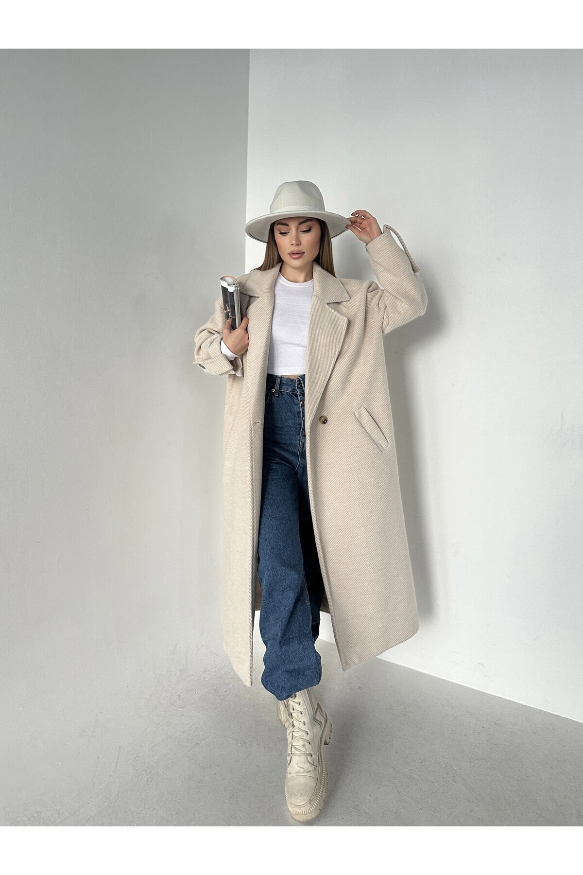 Kadın Oversize Astarlı Düğmeli Kaşe Kaban  Taş