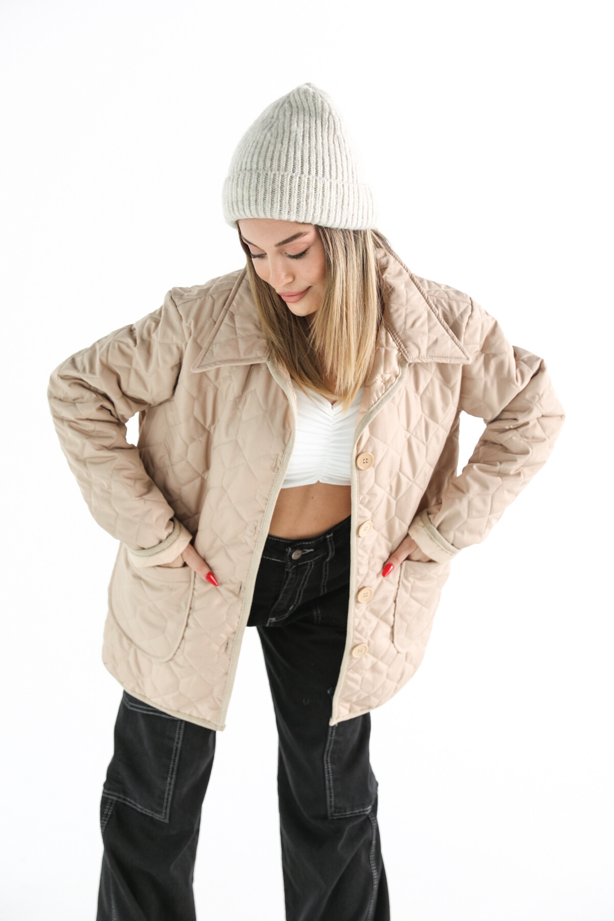 Kadın Oversize Düğmeli Cepli Kapitone Mont Camel