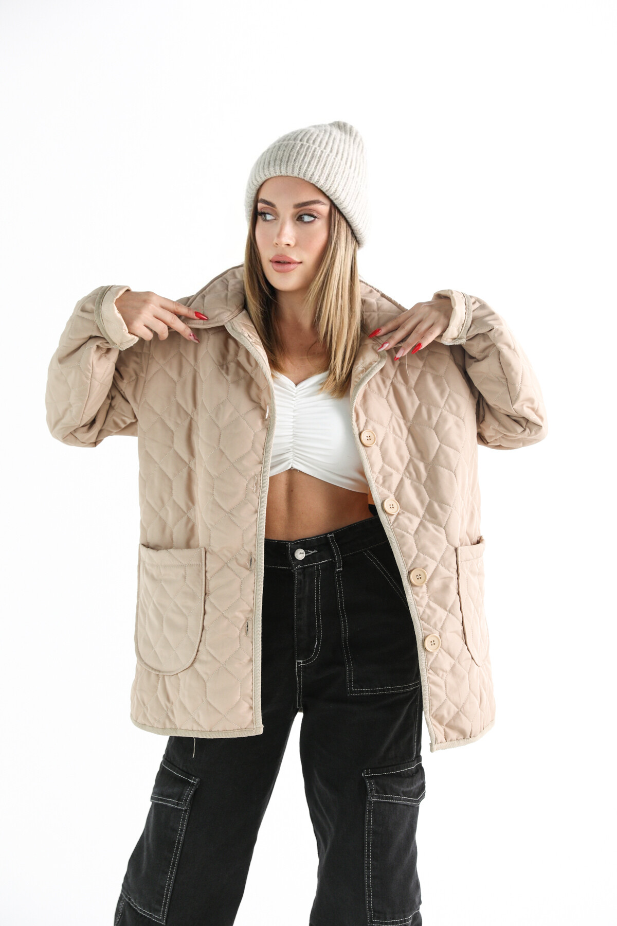 Kadın Oversize Düğmeli Cepli Kapitone Mont Camel